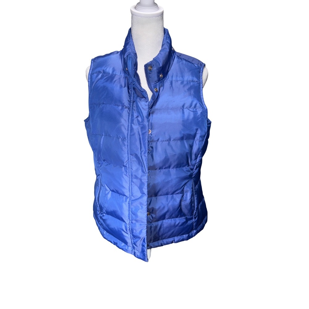 Talbots Petites Royal Blue Goose Down Puffer Vest Small Mock Neck Zip Snap Front